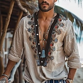 preiswerte Freizeithemden für Herren-Herren Hemd Sommerhemd Freizeithemd Strandhemd Kaki Langarm Stickerei Böhmische Tiefer V-Ausschnitt Urlaub Hawaiianisch Ethnisch &amp; Religiös Bekleidung Polyester Mode Lässig Bequem