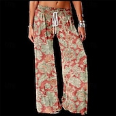 baratos perna larga e cintura alta-Mulheres Perna larga Calças Calça Palazzo Moda Roupa de rua Comprimento total Cintura Alta Flor Cintura elástica Com Cordão Imprimir Respirabilidade Confortável Micro-Elástica Rua Roupa Diária Para