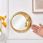 abordables esculturas de pared-Espejo de pared con cara de luna de resina dorada, espejo colgante artístico redondo para decoración de pared de fondo del hogar, espejo de maquillaje creativo para tocador, decoración de pared y
