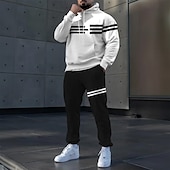 cheap Men&#039;s 3D Sweatshirt Sets-Men&#039;s Color Block Striped 2pcs 3D Sweatshirt Sets Tracksuit Hoodie Sweatshirt Long Sleeve Long pants Hooded Sporty Casual Daily Athleisure 3D Print Spring Fall Winter White