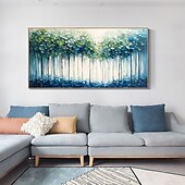 abordables peintures à l&#039;huile d&#039;arbre-Peinture à l&#039;huile faite à la main, forêt abstraite moderne, coups de pinceau texturés audacieux, canopée vert émeraude, teintes bleu sarcelle, troncs minimalistes, profondeurs saphir, galerie d&#039;art
