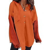 baratos Tops Simples-Mulheres Pulôver Moletom Com Capuz Tecido Casual Manga Longa Com Capuz Tops regulares Rua Dia a Dia Bolsos Botões Preto Laranja Verde cáqui Cinzento Outono Inverno