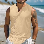 economico Vacanza-Per uomo Camicia Camicia di lino Camicia Estiva Camicia da Spiaggia Camicia vintage Maglietta senza maniche Semplice Vacanza Ferie Nero Bianco Blu Cachi Senza Maniche Collo alla coreana Estate