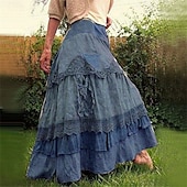 billiga Enkla kjolar-Dam Kjol Gunga Mode Ledigt Maxi Hög midja Kjolar Färgblock Spets Lappverk Ledigt / vardag Helgen Gul Rosa Blå Grå Vår Polyester