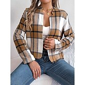 Χαμηλού Κόστους 3D Παλτά-Γυναικεία Casual Jacket Άνετο Αναπνέει Στάμπα Καθημερινό Καρό Διακοπές Δρόμος Καθημερινά Ρούχα Εξόδου Ανοικτό Μπροστά Κοντό Όρθιος Γιακάς Κανονικό Μακρυμάνικο Εξωτερικά ενδύματα