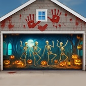 cheap Halloween Garage Door Cover-Halloween Garage Door Cover Dancing Skeletons and Pumpkins Banner, Large Tapestry Backdrop Decoration for Holiday Outdoor Garage Door and Home Wall, 2025 Halloween Decorations