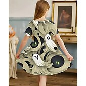 cheap 3D Cartoon Dress-Halloween Girls&#039; 3D Ghost Dress Short Sleeve Summer Spring Vacation Daily Holiday Princess Beautiful Sweet Kids 4-12 Years Casual Dress A Line Dress Knee-length Regular Fit