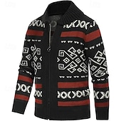 baratos suéter cardigã masculino-Homens Sueter Cardigan Suéter Cortado Suéter com zíper Suéter de malha Estriado Tricotar Tops regulares Zíper Losango Lapela Moda Clássico Férias Roupa Diária Roupa Outono Inverno Preto Vermelho S M L