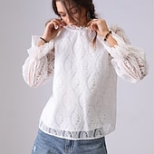 preiswerte Spitzenoberteile-Damen Spitzenbluse Einfarbig Elegant Bohemien Vintage Langarm Hoher Ausschnitt Normale Oberteile Party-Abendmode Ausgehen Strandbekleidung Bestickt Schwarz Weiß Aprikose Frühling, Herbst, Winter