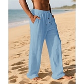 cheap Holiday-Men&#039;s Linen Pants Trousers Summer Pants Beach Pants Pocket Elastic Waist Drawstring Plain Comfort Breathable Vacation Daily Holiday Hawaiian Boho Dark Khaki Black