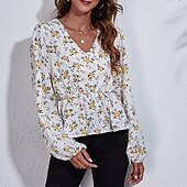 voordelige Bloemen tops-Dames Zomer tops Bloemig Dagelijks Stijlvol Basic Lange mouw Lantaarn mouw V-hals Normale tops Werk Dagelijks Feestdagen Afdrukken Wit Zomer Lente