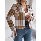 Χαμηλού Κόστους 3D Παλτά-Γυναικεία Casual Jacket Άνετο Αναπνέει Στάμπα Καθημερινό Καρό Διακοπές Δρόμος Καθημερινά Ρούχα Εξόδου Ανοικτό Μπροστά Κοντό Όρθιος Γιακάς Κανονικό Μακρυμάνικο Εξωτερικά ενδύματα