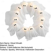 olcso Halloween szabadtéren-halloweeni szellemkoszorú, 12 LED-es világító fehér szellemkoszorú, kísérteties beltéri &amp;kültéri függő dekoráció bejárati ajtóra, falra, partira, elemes halloweeni dekoráció, ünnepi hátborzongató