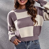 baratos Padrões gráficos e detalhes-Mulheres Pulôver Casual Bloco de cor Robusto Gola Redonda Tricotado Manga Longa Tops curtos Tricotar Diário Feriado Para Noite Preto Roxo Outono Inverno