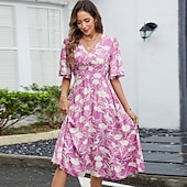 preiswerte Blumenkleider-Damen Midikleid A Linie Kleid Urlaub Boho Strand Trompetenärmel Party Ausgehen Strand Lässiger Schnitt Blumen Grafik Kurzarm V Ausschnitt Violett Sommer Frühling