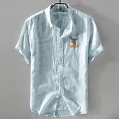 baratos Casual de negócios-Homens Camisa de linho Camisa casual Camisa de algodão e linho camisa de botão Animal Modelado Férias Roupa Diária Branco Azul Marinho Escuro Azul Céu cáqui Manga Curta Lapela Todas as Estações Roupa
