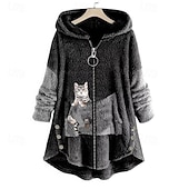 abordables Sudaderas forradas de forro polar-Mujer Chaqueta con capucha Mantiene abrigado Cómodo Retazos Cremallera Casual Gato Exterior Vacaciones Cremallera Largo Con Capucha Ajuste regular Manga Larga Ropa de calle Negro Rojo Verde Ejército