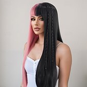 economico Parrucche da festa-parrucca lunga e liscia rosa e nera per donna – cuffia per testa intera, parrucca da modella realistica, perfetta per cosplay di Halloween, moda e uso quotidiano