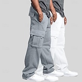 お買い得  スウェットパンツ-男性用 フリースパンツ スウェットパンツ ジョガー ズボン カーゴスウェットパンツ 弾性ウエスト ドローストリング マルチポケット 純色 ウォーム 吸汗性 全長 カジュアル 日常 ランニング ファッション ストリートファッション ブラック+ネイビーブルー ブラック＋ライトグレー 伸縮性あり