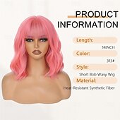 abordables Perruques de fête-Perruques roses courtes ondulées, perruque pastel avec frange, cheveux synthétiques mi-longs pour femmes et filles, perruque de cosplay colorée en fibre synthétique résistante à la chaleur pour une