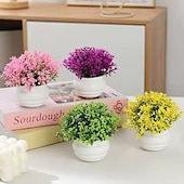 お買い得  人工植物と花-人工ミラノグラス鉢植え植物4個、ミニ屋内フェイク多肉植物、ホームデコレーション、デスクトップの緑の装飾品