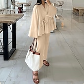 levne Dámské halenky-Dámské Elegantní Čechy prázdniny Sady kalhot Dlouhý rukáv Zvonové Do V Pevná barva Šněrování Nabírané šaty Volány Venkovní Dovolená Párty špinavě bílá Světlá růžová Khaki Léto Volný