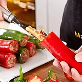 abordables Utensilios de cocina y gadgets-Extractor de semillas de pimiento, 2 unidades, herramienta extractora de corazón de chile de acero inoxidable para pimientos morrones, melón amargo y pimientos verdes, utensilio de cocina fácil para