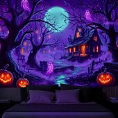 cheap Halloween Wall Tapestries-Halloween Blacklight Tapestry Haunted House UV Reactive Glow in the Dark Forest Trippy Mountain Misty Graveyard Ghost Hanging Tapestry Wall Art Mural for Living Room Bedroom
