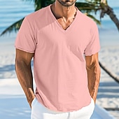 preiswerte Baumwoll-Leinen T-Shirts-Herren T-Shirt Leinen-T-Shirt Kurze Ärmel V Ausschnitt Sommer Einfach Mode Designer Basic Weich Urlaub Alltagstauglich Strand Hellblau Weiß Rosa Top T-Shirt für Herren