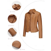 cheap Faux Leather Jackets-Women&#039;s Faux Leather Jacket Comfortable Buttons Fashion Street Style Plain Outdoor Casual Daily Regular Turndown Regular Fit Long Sleeve Outerwear Black Red Camel Spring Fall