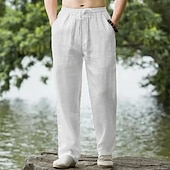 baratos Feriado-Homens Calças de linho Calças Calça verão Calças largas Cintura elástica Com Cordão Perna reta Tecido Conforto Respirável Comprimento total Ao ar livre Casual Diário Moda Estilo Clássico Preto Branco