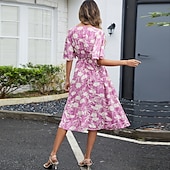 preiswerte Blumenkleider-Damen Midikleid A Linie Kleid Urlaub Boho Strand Trompetenärmel Party Ausgehen Strand Lässiger Schnitt Blumen Grafik Kurzarm V Ausschnitt Violett Sommer Frühling