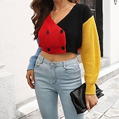 preiswerte Einfarbige Farben-Damen Strickjacke Lässig Farbblock Grobstrick V Ausschnitt Gestrickt Langarm Crop Tops Stricken Täglich Ferien Ausgehen Rote Herbst Winter