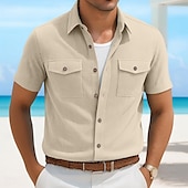 preiswerte Herrenhemd zum Knöpfen-Herren Hemd Sommerhemd Freizeithemd Cordhemd Knopfhemd Cargohemd Schwarz Weiß Marineblau Himmelblau Kaki Kurzarm Streifen Revers Lässig Täglich Fronttasche Bekleidung Mode Lässig