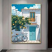 お買い得  風景画 プリント-鮮やかな地中海のレモンの木と白い家のキャンバスアート作品1点。リビングルーム、寝室、ホームオフィスに最適。青い自転車と光る窓のある魅力的な街の景色を演出するホームデコレーション。