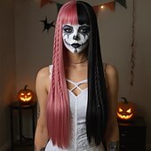 economico Parrucche da festa-parrucca lunga e liscia rosa e nera per donna – cuffia per testa intera, parrucca da modella realistica, perfetta per cosplay di Halloween, moda e uso quotidiano