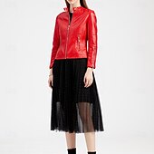 cheap Faux Leather Jackets-Women&#039;s Faux Leather Jacket Comfortable Pocket Full Zip Fashion Street Style Plain Outdoor Casual Daily Regular Stand Collar Regular Fit Long Sleeve Outerwear Red Green Beige Fall Winter