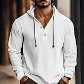 baratos Rua-Homens Camisa Social Camisa de linho Camisa com capuz Tecido Férias Casual Branco Azul Verde Café Manga Longa Com Capuz Outono Primavera Verão Roupa