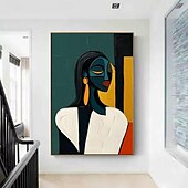 abordables Peintures portraits-Peinture de portrait abstrait moderne faite à la main peinte à la main avec un contraste chromatique audacieux - peintures à l&#039;huile géométriques figure féminine en or cobalt figure pour peinture