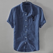 baratos Casual de negócios-Homens Camisa de linho Camisa casual Camisa de algodão e linho camisa de botão Animal Modelado Férias Roupa Diária Branco Azul Marinho Escuro Azul Céu cáqui Manga Curta Lapela Todas as Estações Roupa