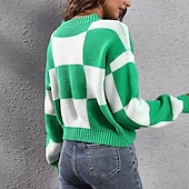 olcso Grafikus minták és részletek-Női Pulóver Alkalmi Kockás Vaskos Terített nyak Kötött Hosszú ujj Crop Tops Kötött Napi Szabadság Alkalmi Lóhere Ősz Tél