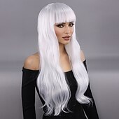economico Parrucche da festa-parrucca lunga riccia bianco-argento per donna – fibra ad alta temperatura, frangia piena, calotta completa, ideale per cosplay, Halloween e look alla moda