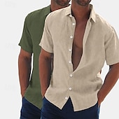 preiswerte Klassiker-Herren Leinenhemd Sommerhemd Strandbekleidung Knopfhemd Hemden zum Herausstecken Einfarbig Urlaub Kreuzfahrt Grün + grau Weiß + Khaki Khaki + Schwarz Grün+Khaki Kurzarm Umlegekragen Sommer Bekleidung