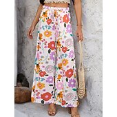 abordables jambe large et taille haute-Femmes Jambe large Chinos Vacances ancien Mode Longueur complète Taille haute Fleuri Ceinture Élastique Impression Confortable Doux Micro-Élastique Extérieur Vacances Rue Blanche Jaune Rose Claire