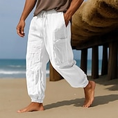 cheap Holiday-Men&#039;s Linen Pants Trousers Summer Pants Baggy Pants Elastic Cuff Solid Color Plain Comfort Breathable Full Length Casual Daily Holiday Vacation Fashion Black White Micro-elastic