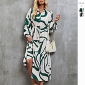 voordelige Kunst &amp; Design Jurk-Dames Maxi-jurk A lijn jurk Vakantie Feest Casual Feest Dagelijks Afspraakje Normale pasvorm Abstract Lijn Lange mouw Overhemdkraag Zwart-wit print Groene en witte print Zomer Lente Herfst