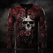 abordables Fantôme et crâne-Homme Jour des Morts Graphique Crâne Rose Chemise Henley manche longue Mode Mignon Quotidien Occasionnel Fête Sortir Automne Printemps &amp; Automne Noir Henley T-shirt Henley