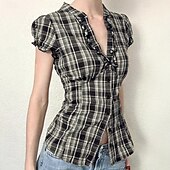 levne Topy-Retro 50. léta Y2K Halenka / košile Krátký top Krátké rukávy Pléd Maškarní kostým Dámské předvečer Všech svatých Karneval Dovolená Ležérní Dospělí Tričko Jaro léto