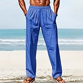 cheap Holiday-Men&#039;s Linen Pants Trousers Summer Pants Beach Pants Pocket Elastic Waist Drawstring Plain Comfort Breathable Vacation Daily Holiday Hawaiian Boho White Dark Red