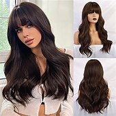 economico Parrucche da festa-Parrucca sintetica da donna, lunga, ondulata, nera, sfumata, rosa con frangia soffice, leggera, per feste in cosplay